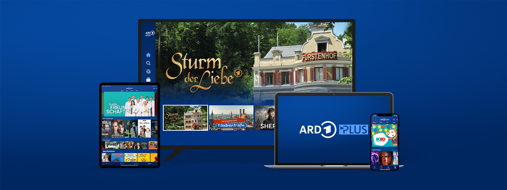 Multiple screens display streaming content: a TV showing “Sturm der Liebe”, a tablet with a series overview, a laptop with the ARD Plus logo, and a smartphone showing children's series.